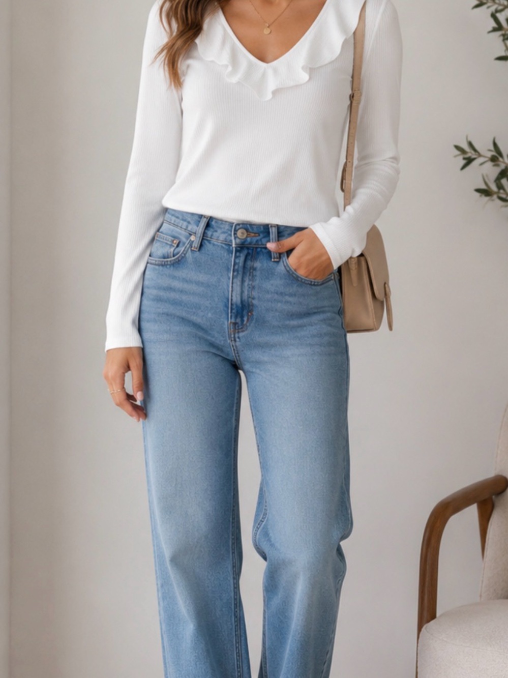 LOFT | White Long Sleeve Ruffle V-Neck Top NWT | Women’s Size S
